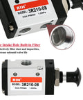Go-To Three Way Two Position Hand Pull Pneumatic Valve model 3R210-08 with built-in air intake filter, front and side view