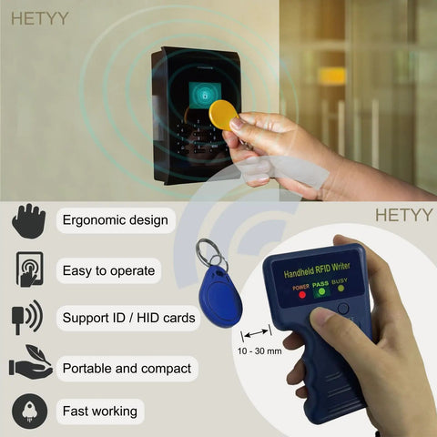 Person using Handheld RFID Card Copier Duplicator For ID IC HID Smart Cards Portable Two Button Operation Easy Read Write Without PC