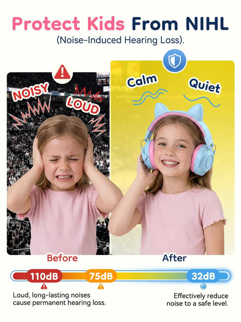 Kids Noise Canceling Ear Muffs 32dB SNR For Concerts And Fireworks Adjustable Hearing Protection For Autism Sensory Memory Foam Padding And Breathable PU Leather Blue With Fun Stickers, child wearing earmuffs