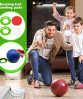 Straight Up Top Tier Bowling Ball Sanding Pad Holder Two Pack Ergonomic Polymer Stand with child, man, and bowling ball.