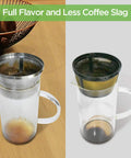 Comparative view showing filtered coffee using 8-12 Cup Reusable Filter Basket For Basket Style Coffee Makers, Dishwasher Safe 18/8 Stainless Steel, Replacement For Mr Coffee And Black And Decker Coffee Maker Filters, Not For Hamilton Beach 46310.