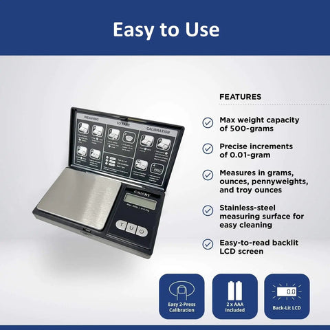 Digital Pocket Scale 500g With 0.01g Accuracy showing features and dual calibration options