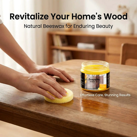 Hand applying beeswax wood polish on table, Furniture Polish And Wood Wax For Hardwood Floors Cabinets And Tables Deeply Restores Finish Revives Wood Grain Long Lasting Shine Keeps Your Wood Lookin Fresh Conditioner And Cleaner For Daily Maintenance jar displayed