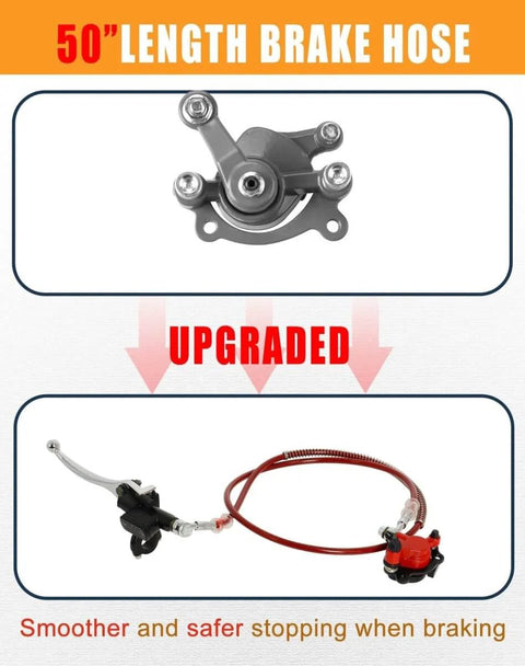 Hydraulic Disc Brake Caliper Kit For Mini Bikes with 80mm Rear Rotor, includes caliper, bracket, master cylinder, and mount.