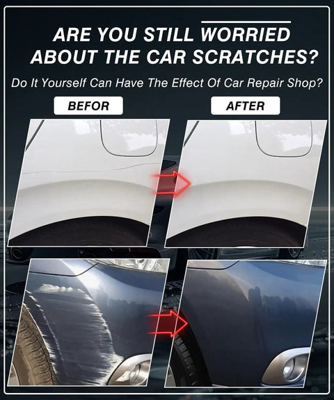 Before and after images showing car scratch removal using Nano Sparkle Cloth Car Scratch Remover Kit For Light Scratches And Swirl Marks.