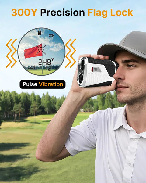 Golfer using Golf Rangefinder With Slope Mode, 1200 Yard Range, Rechargeable Battery, Magnetic Strap, Flag Lock Vibration, 6X Magnification