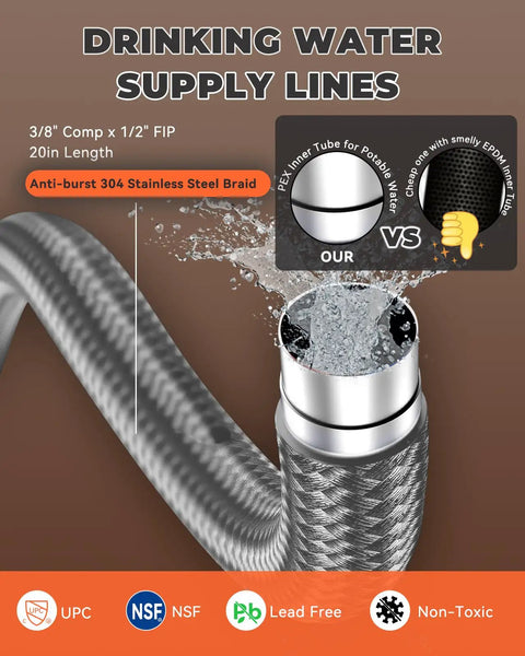 Drinking Water Supply Lines 3/8 Comp x 1/2 FIP with Anti-burst 304 Stainless Steel Braid for Hot Water On Tap Recirculation System.