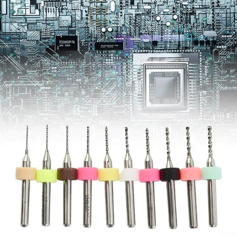 Carbide PCB Drill Bit Kit 10Pcs Pro Grade For Mini Circuit Boards CNC Milling with circuit board background