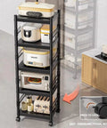 Super Badass Heavy Duty Carbon Steel Shelving Unit With Kickass Four Tier Layout For Garage And Kitchen Organization designed for max weight support, featuring kitchen appliances and smooth wheels.