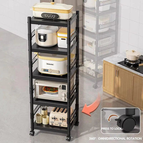 Super Badass Heavy Duty Carbon Steel Shelving Unit With Kickass Four Tier Layout For Garage And Kitchen Organization designed for max weight support, featuring kitchen appliances and smooth wheels.