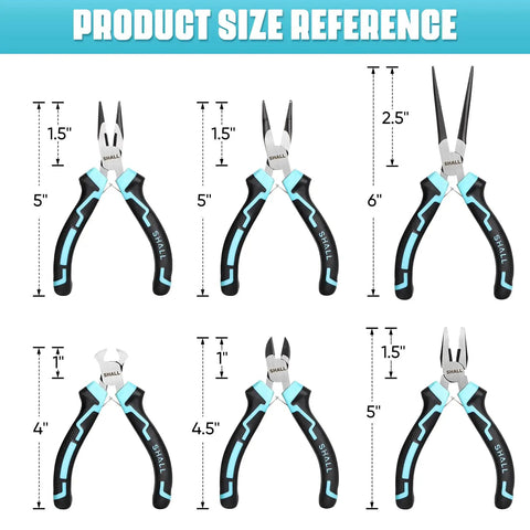 Mini Pliers Set Six Piece Everyday Hand Tool Kit With Needle Nose Long Nose Bent Nose Diagonal End Cutting And Linesman Pliers Plus Compact Portable Pouch For Crafts Electronics Jewelry Repair And DIY Projects size reference showing 4 to 6 in pliers