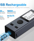 Pocket Size Laser Distance Meter 164 Ft Range USB Rechargeable with LCD readout and charging port for easy measurements.