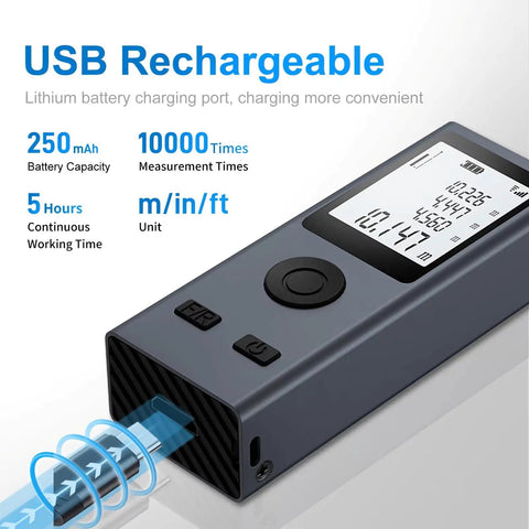 Pocket Size Laser Distance Meter 164 Ft Range USB Rechargeable with LCD readout and charging port for easy measurements.