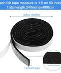 Four Rolls Of Half Inch Wide By Sixty Inch Long Self Adhesive Felt Strips Heavy Duty Polyester Pads in black, unrolled and coiled.