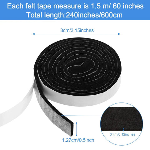 Four Rolls Of Half Inch Wide By Sixty Inch Long Self Adhesive Felt Strips Heavy Duty Polyester Pads in black, unrolled and coiled.