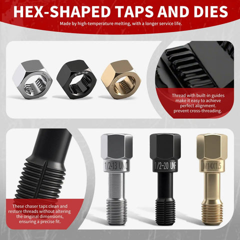 Hex-shaped taps and dies for 61-Piece Thread Chaser Set For Metric And SAE Threads With Pitch Gauge Complete Thread Repair Kit