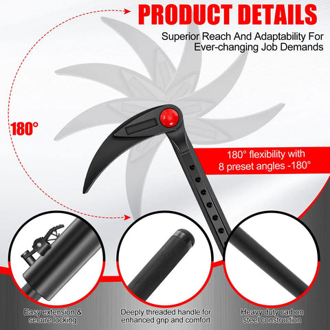Beefy 29 To 48 Inch Adjustable Pry Bar With 180 Degree Rotating Head, heavy-duty carbon steel construction, shown with details.