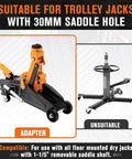 Graphic showing Universal Transmission Jack Adapter for floor jacks with 30mm hole compatibility and unsuitable model.