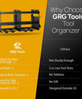 Comparison chart highlighting features of the Beefy Heavy Duty Power Tool Organizer Wall Mounted Drill Rack For 6 Cordless Drills With Side Box For Screws And Bolts Garage Workshop Shelf 300 Lbs Load Capacity Sturdy Metal Construction.