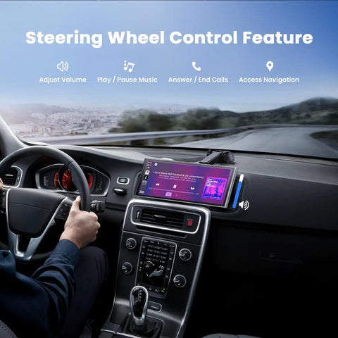 Driver using Portable Wireless CarPlay Screen For CarPlay And Android Auto, 9.26 Inch Touch Display with steering wheel control