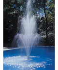 Floating Pool Fountain With Adjustable Height Up To Sixteen Feet Three Tier Grecian Water Feature For Above Ground Or Inground Pools Quick Setup No Tools Needed White in action, installed in a pool with water spraying in tiers.