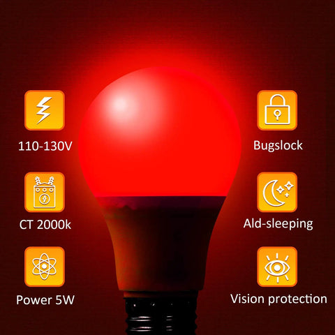 Red LED light bulb with E26 base, displaying features like bug lock, sleep aid, and vision protection on a red background.