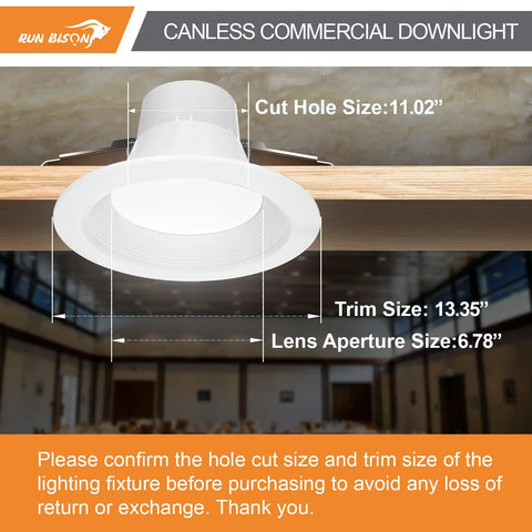 12 Inch Canless LED Recessed Downlight With Junction Box, slick adjustable wattage with size specifications displayed.