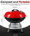14 Inch Portable Charcoal BBQ Grill With 3 Point Locking Lid For Heat Preservation And Dual Venting System shown in red color.