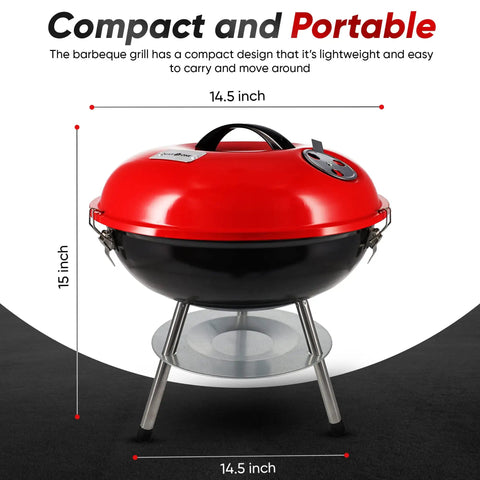 14 Inch Portable Charcoal BBQ Grill With 3 Point Locking Lid For Heat Preservation And Dual Venting System shown in red color.