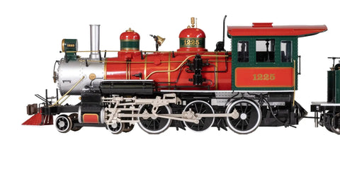 Side view of the Beefed-Up 4-6-0 Steam Locomotive With Metal Gears For Large G Scale Christmas Edition, showing red and green colors.