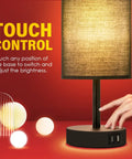 Set Of 2 Bedside Lamps With USB Port, 3 Way Dimmable Touch Control, Black Round Fabric Shade, hand adjusting lamp.