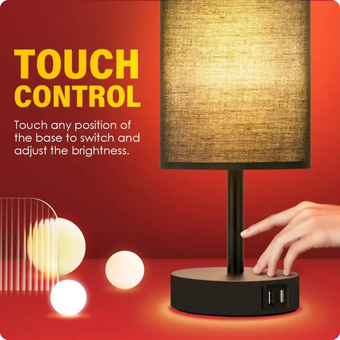 Set Of 2 Bedside Lamps With USB Port, 3 Way Dimmable Touch Control, Black Round Fabric Shade, hand adjusting lamp.