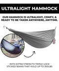 Go-To Nano 7 Ultra Light Hammock For Camping And Travel With Ripstop Nylon, triple-stitched seams, grey color, ultralight design