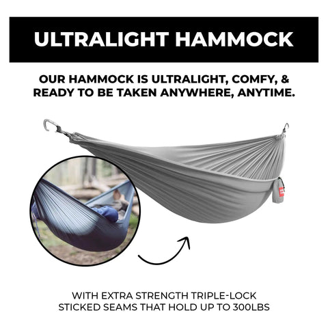 Go-To Nano 7 Ultra Light Hammock For Camping And Travel With Ripstop Nylon, triple-stitched seams, grey color, ultralight design