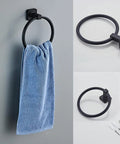 Matte Black Towel Ring from the Matte Black 4-Piece Bathroom Hardware Set, Stainless Steel Wall Mounted Kit With 23.6 Inch Towel Bar, Toilet Paper Holder, Towel Ring, Robe Hook, Durable Bath Accessories For A Clean, Go-To Home Upgrade, featuring modern design.