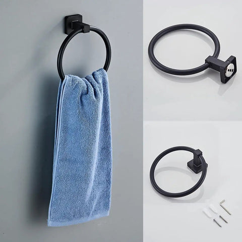 Matte Black Towel Ring from the Matte Black 4-Piece Bathroom Hardware Set, Stainless Steel Wall Mounted Kit With 23.6 Inch Towel Bar, Toilet Paper Holder, Towel Ring, Robe Hook, Durable Bath Accessories For A Clean, Go-To Home Upgrade, featuring modern design.