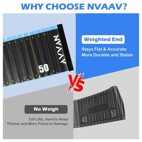 Comparison of 53 Inch Waterproof Fish Ruler Tape With Bump Board showing flat vs lifted end options