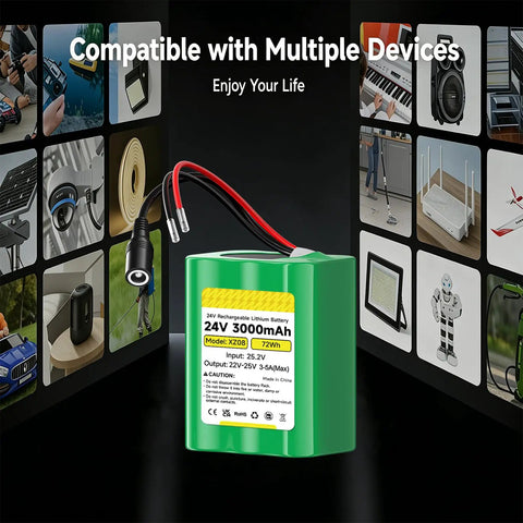 Green 24V Lithium Battery 3000mAh with Charger and Bare Leads for multiple devices and DIY projects, 72Wh rechargeable pack