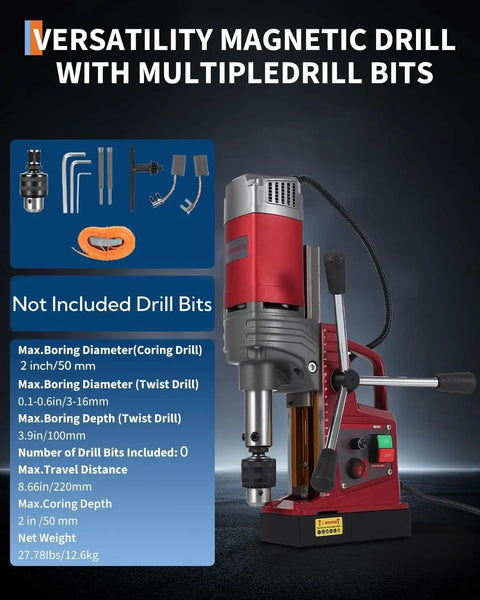 Portable Magnetic Drill Press Kit Pro Grade For Real World Use With 2 In Boring Diameter, 1550W Power, red drill image