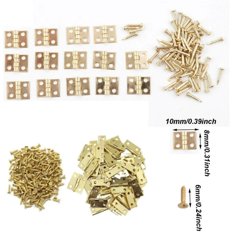 100 Pack Mini Hinges With 400 Replacement Screws In Gold Copper Finish Four Hole Butt Hinges 10x8mm scattered with screws shown