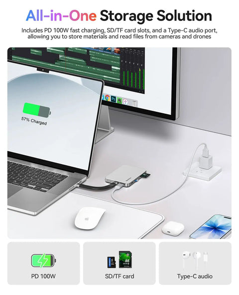 MagSafe Magnetic External SSD With Built-In SD And TF Card Reader connected to laptop, showing 100W PD charging and USB-C audio interface.