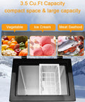 Dead Silent 3.5 Cubic Foot Mini Chest Freezer Compact Top Loading Deep Freeze Storage Black displaying food types including vegetables and ice cream.