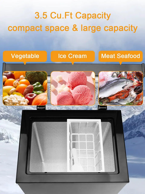 Dead Silent 3.5 Cubic Foot Mini Chest Freezer Compact Top Loading Deep Freeze Storage Black displaying food types including vegetables and ice cream.