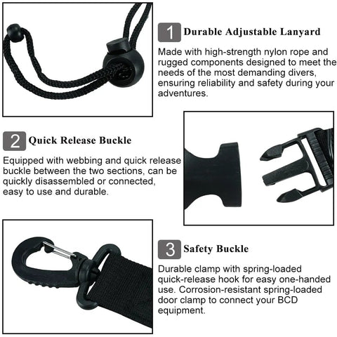 Scuba Diving Lanyard Clips With Quick Release Double Buckle For Small Point And Shoot Cameras And Reef Hook Dive Lights