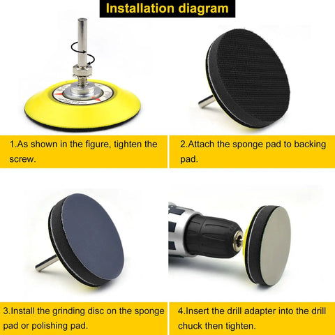Installation diagram for Pro Grade All In One 3 Inch Sanding Discs Kit 150 Pcs Silicon Carbide Wet Dry Hook And Loop 400 To 10000 Grit