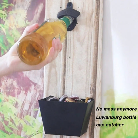 Heavy Wall Mounted Beer Bottle Opener With Slick Stainless Steel Cap Catcher Bucket Rustproof Black Cast Iron Finish. User opening beer.