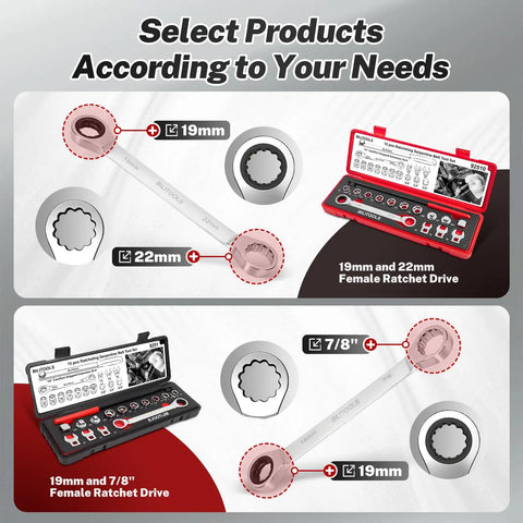 Diagram showing Serpentine Belt Tool Set for Vehicles With Spring Tensioner, 15 Piece Universal Kit with ratcheting wrenches.