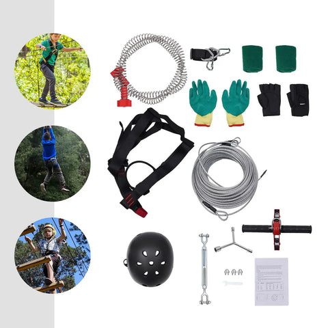 Epic Backyard Zipline Kit For Kids 120Ft With Tree Protectors And Trolley Safe Braking System Easy Setup shown with helmets and gear.