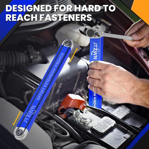 15 Inch Offset Extension Wrench Set For Tight Spaces, Impact Ready, used in auto repair, showing high carbon steel and chrome finish