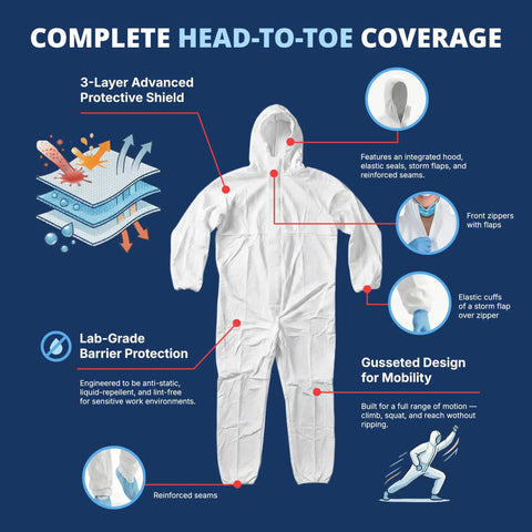 Disposable Hazmat Coveralls With Hood Full Body Protective Overalls 5 Pack White 2X Large, diagram showing features.